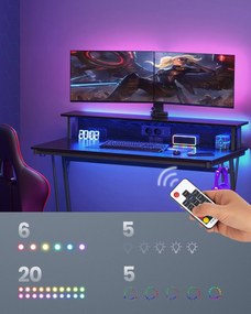 Íróasztal led világítással,számítógép asztal beépített elosztóval, fekete