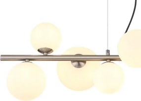 Globo 56140-9H Függeszték fém matt nikkel, üveg fehér, kábel PVC átlátszó, HxSzxM: 870x345x1200mm, üveg átmérő: 4x10cm, 3x12cm, 2x15 cm, benne 9x G9 LED 3.5W 230V, 350lm forrás, 310lm kimenet, 3000K