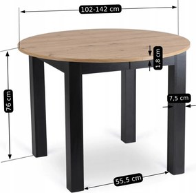 Bővíthető étkezőasztal 102–142 cm Artisan tölgy / fekete színkombinációban – HARRY