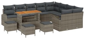 13 részes kerti kanapé szett párnákkal Szürke Poli Rattan Akáciával, 4 részes kerti étkező szett párnákkal Szürke Poli Rattan Akáciával, 2-fős kerti kanapé párnákkal Szürke Poli Rattan