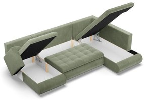 Tokio U sarokkanapé, 3 ágyneműtartóval, kordbársony, jobboldali, zöld