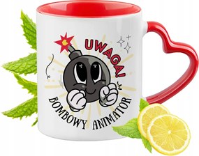 Piros bögre szív alakú füllel animátornak ajándékba