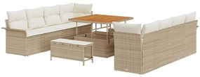 11 darabos kertiszófa szett párnákkal Bézs Poli Rattan Akácia, 2 üléses kertiszófa tárolóval és párnákkal Bézs Poli Rattan, 3 darabos kert étkező szett párnákkal Bézs Poli Rattan Akácia