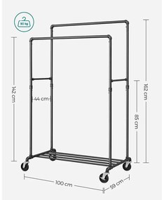 Ruhaállvány, Nagy teherbírású fém ruhatartó görgőkön, 110 kg-ig terhelhető, fekete