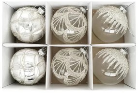 Karácsonyi üveg gömb dísz glitter dombor mintával ezüst átlátszó 8 cm 6 db