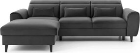 Sötétszürke bársony kinyitható-tárolóhelyes sarokkanapé (bal oldali-heverő résszel) Foble – ELTAP