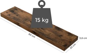 ASAGLE lebegő fali polc rejtett konzollal, 80 x 20 cm, max. 15 kg, rusztikus barna
