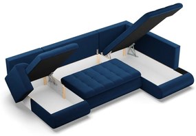 Tokio U sarokkanapé, 3 ágyneműtartóval, bársony, jobboldali, kék