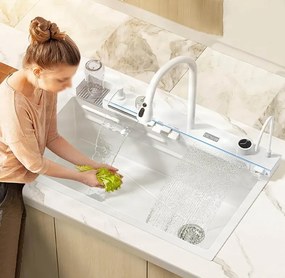 Konyhai csaptelep ELITE EDITION KS2199 LED-kijelzővel, kihúzható zuhanyfejjel, több színváltozatban — Fehér, négyzet alakú — 68 cm