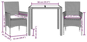 3 részes szürke polyrattan/üveg kerti étkezőgarnitúra párnával