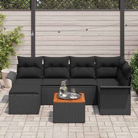 Kerti Kanapé Szett 7 pcs Fekete Poli rattan, acél, tömör akácfa