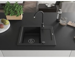 Mexen Enzo, gránit mosogató 576x465x174 mm, 1 kamrás, fekete Telma csaptelep, fekete, 6506-77-670200-70-B