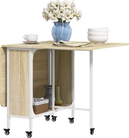 HOMCOM Összecsukható Étkezőasztal, Kihúzható Asztal 4-6 Személynek, Modern Tértakarékos Konyhai Asztal Polccal és 6 Kerekével, Fémből készült, 130x80x