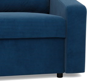 Zeus sarokkanapé, 1 ágyneműtartóval, döntött kartámasz, kordbársony, univerzális oldal, hab töltet, kék