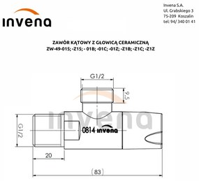Invena kerámia fejszögszelep 1/2" X 1/2", arany fényes, INV-ZW-49-01Z-W