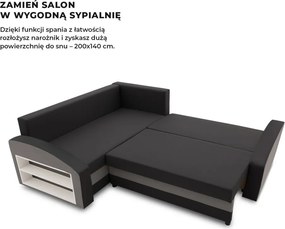 Grande sarokkanapé polcokkal , polc a bal karfaban, baloldali, szövet anyag, hab töltet, fekete - szürke