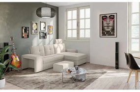 PALERMO jobb oldali, világosszürke kihúzható kanapé tárolóval és puffal