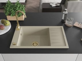 Mexen Elias gránit mosogató 1-medencés csepegtetővel 795 x 480 mm, bézs, arany szifonnal - 6511791005-69-G