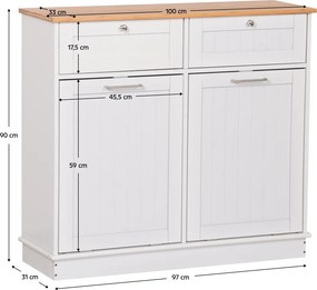 Billenős szekrény szemetes kosárral, fehér/bambusz, DELINS TYP 2