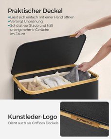 szennyeskosár fedéllel – 3 rekeszes ruhagyűjtő, 150 l űrtartalommal fekete színben