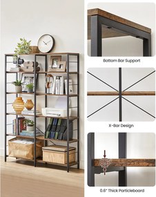 6 szintes könyvespolc, magas tárolópolc, 30 x 120 x 170 cm, barna és fekete