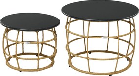 Outsunny 2 darabos oldalsó asztal szett, rattan kávézóasztal, fém felső kialakítás, kézzel szőtt kanapéasztal kerthez, erkélyhez, Ø46+Ø60 cm, Homok |