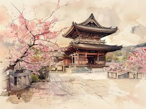 Vászonkép Canvas Japán Templom Virágzó Cseresznye Akvarell 100x75