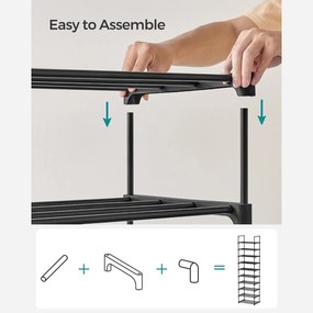 Cipőtartó, 10 szintes fém cipőtároló polc 174x45x30cm, polc magassága állítható, fekete