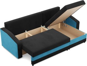 Hewlet sarokkanapé, 2 ágyneműtartóval, szövet anyag, univerzális oldal, bonell töltet, fekete - kék