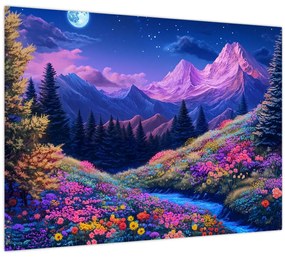 Üveg kép - Lila táj teljes holdfénynél (70x50 cm)