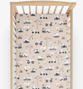 Goldea gyerek körgumis pamut lepedő kiságyba - teherautók és markolók bézs alapon 70 x 140 cm