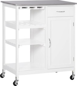 HOMCOM Konyhai Kocsi Kerekekkel, 1 Fiókkal, Levehető Polcokkal, 4 Palackos Borállvánnyal és Szekrénnyel, 40 kg Terhelhetőséggel, 76x48x88 cm, Fehér |