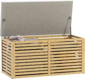 HOMCOM 122L Tároló Ottoman Kanapé, Szintetikus Vásznakkal Bélelt, Bambusz Kerettel, Előszobához és Nappalihoz 90x42x43 cm Szürke és Természetes | Aoso