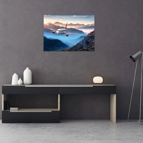 Kép - Repülőgép a hegycsúcsok felett (üvegen) (70x50 cm)