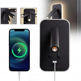 LED-es fali olvasólámpa Usb töltéssel és kapcsolóval, fekete