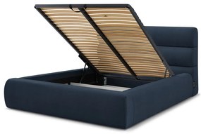 Sötétkék kárpitozott franciaágy tárolóhellyel, ágyráccsal 160x200 cm Jagna – Bobochic Paris
