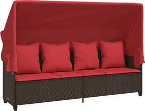 vidaXL barna polyrattan napozóágy tetővel és párnával