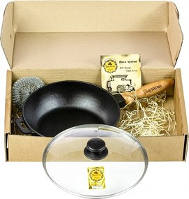 Öntöttvas serpenyő fedővel és fa nyéllel 26 cm