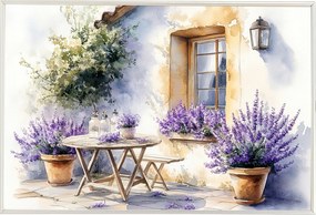 Poszter Keret Alumínium Tájkép Franciaország Provence Ház Virágok Levendula 60x40