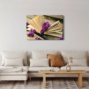 Kép egy könyvröl és a lila virágok (90x60 cm)