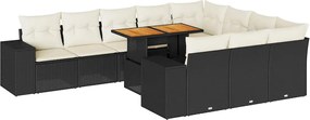 vidaXL 10 részes fekete polyrattan akácfa kerti ülőgarnitúra párnákkal