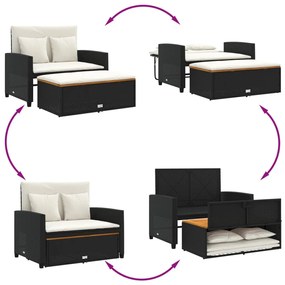 2 személyes fekete polyrattan/akácfa kerti kanapé párnával