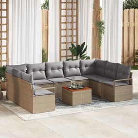 10 Darabos Kerti Sofa Szett Párnákkal Bézs Poli Rattan Akác, 2-Személyes Kerti Sofa Párnákkal Bézs Poli Rattan