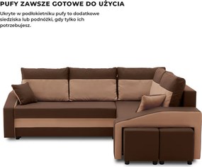 Grande sarokkanapé polcokkal és puffokkal , polc a bal karfaban puffok a jobb karfaban, jobboldali, szövet anyag, hab töltet, barna