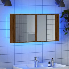 kézműves tölgy szerelt fa tükrösszekrény LED-del 90x12x45 cm