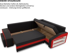 Grande sarokkanapé polcokkal és puffokkal , polc a jobb karfaban puffok a bal karfaban, jobboldali, szövet anyag, hab töltet, fekete - piros