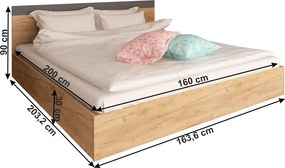 Dupla ágy, 160x200, tölgy artisan/grafit, GABRIELA