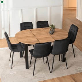 szett étkezőasztal HARRY 102-142 cm craft tölgy/fekete és 6 szék PERU fekete
