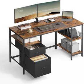 VASAGLE számítógépasztal, íróasztal 3 polccal, 60x140 cm, barna és fekete