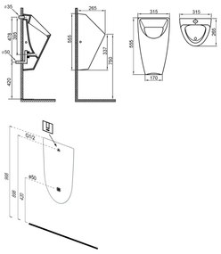 Bruckner - Piszoár SCHWARN, hátsó vízbekötés, hátsó lefolyó + beépített öblítőrendszer, 6V DC, fekete